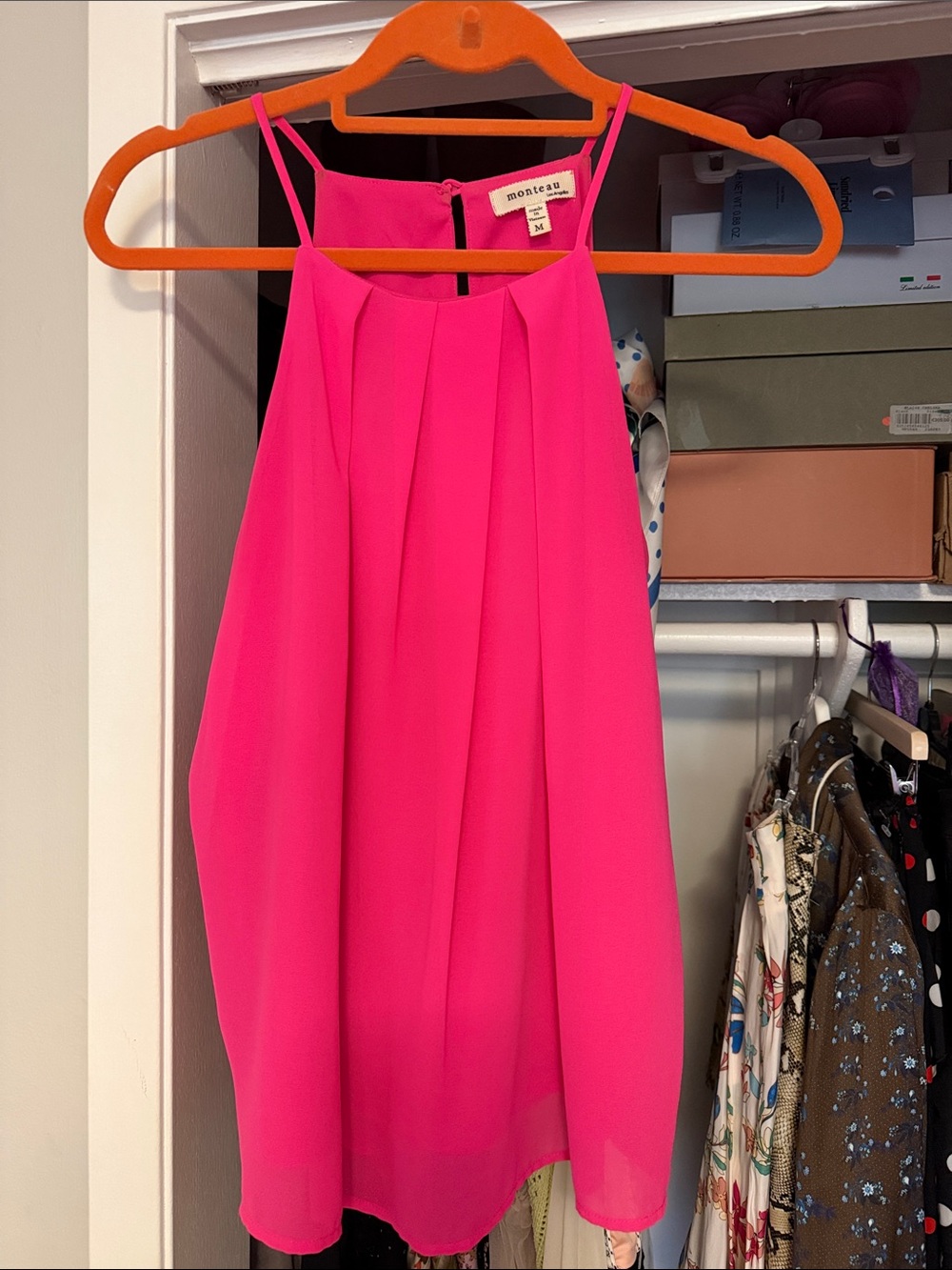 Monteau Neon Pink Pleated Halter Shell Medium